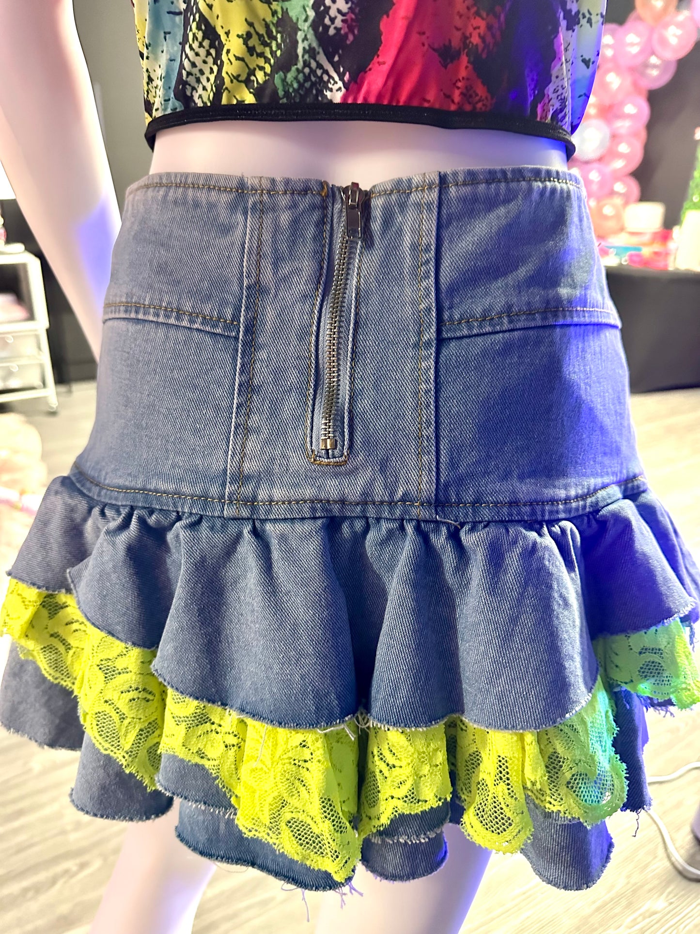 Neon Yellow Lace Jean Skirt