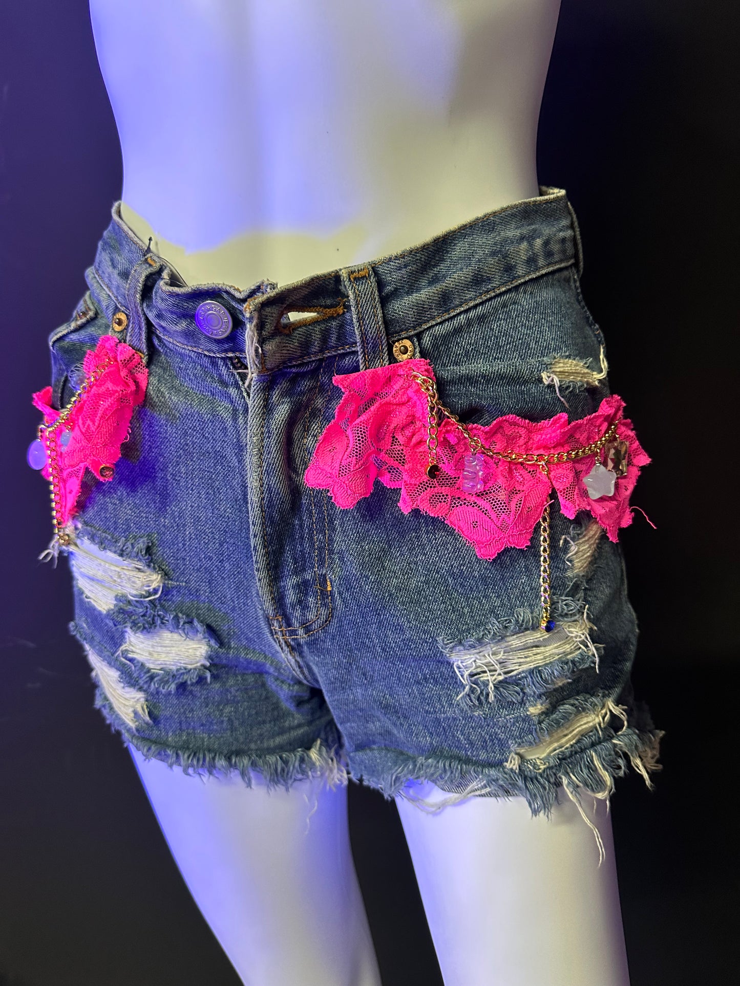 Neon Pink Lace Jean Shorts