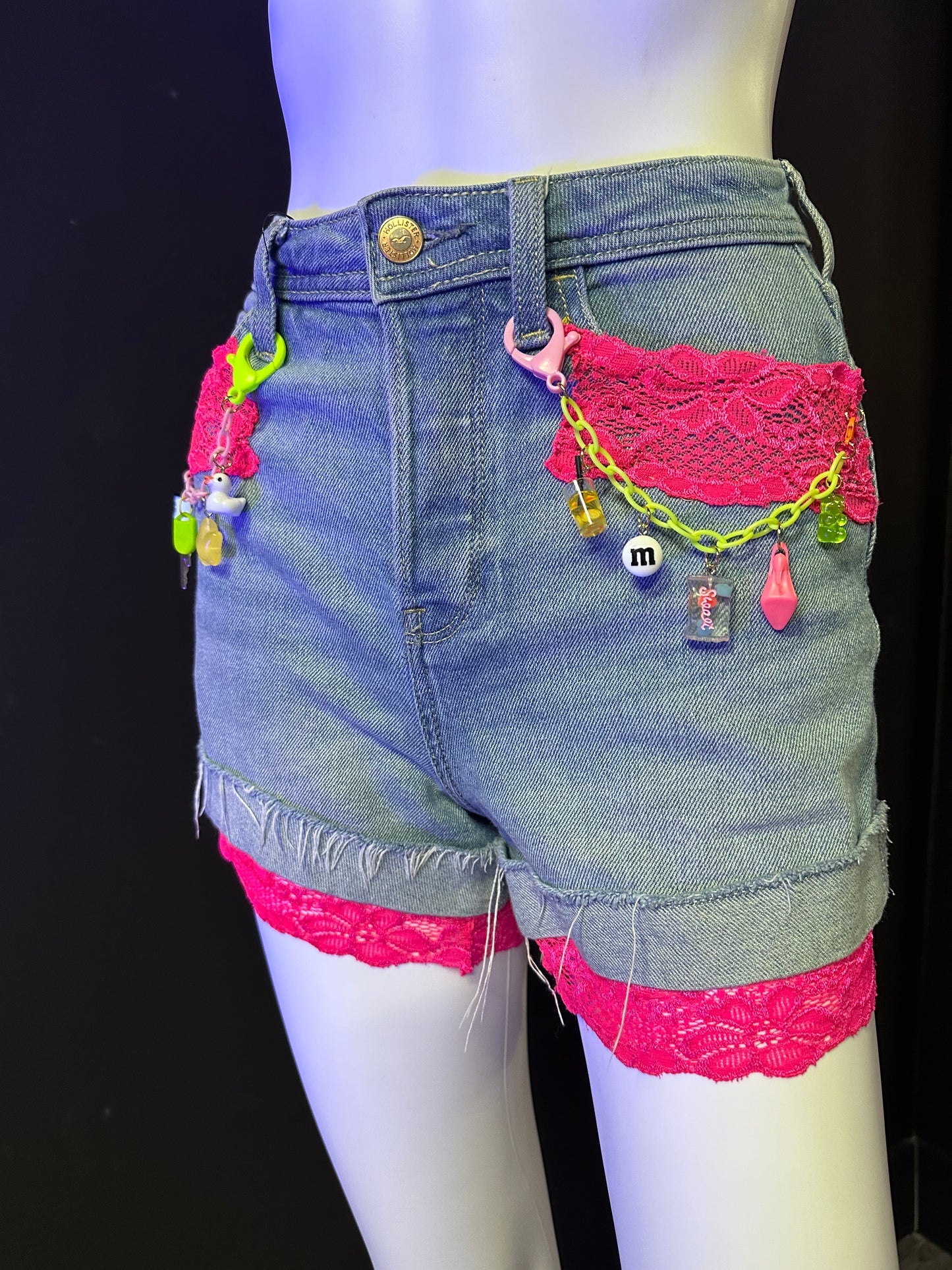 Neon Pink Lace Charm Chain Denim Shorts