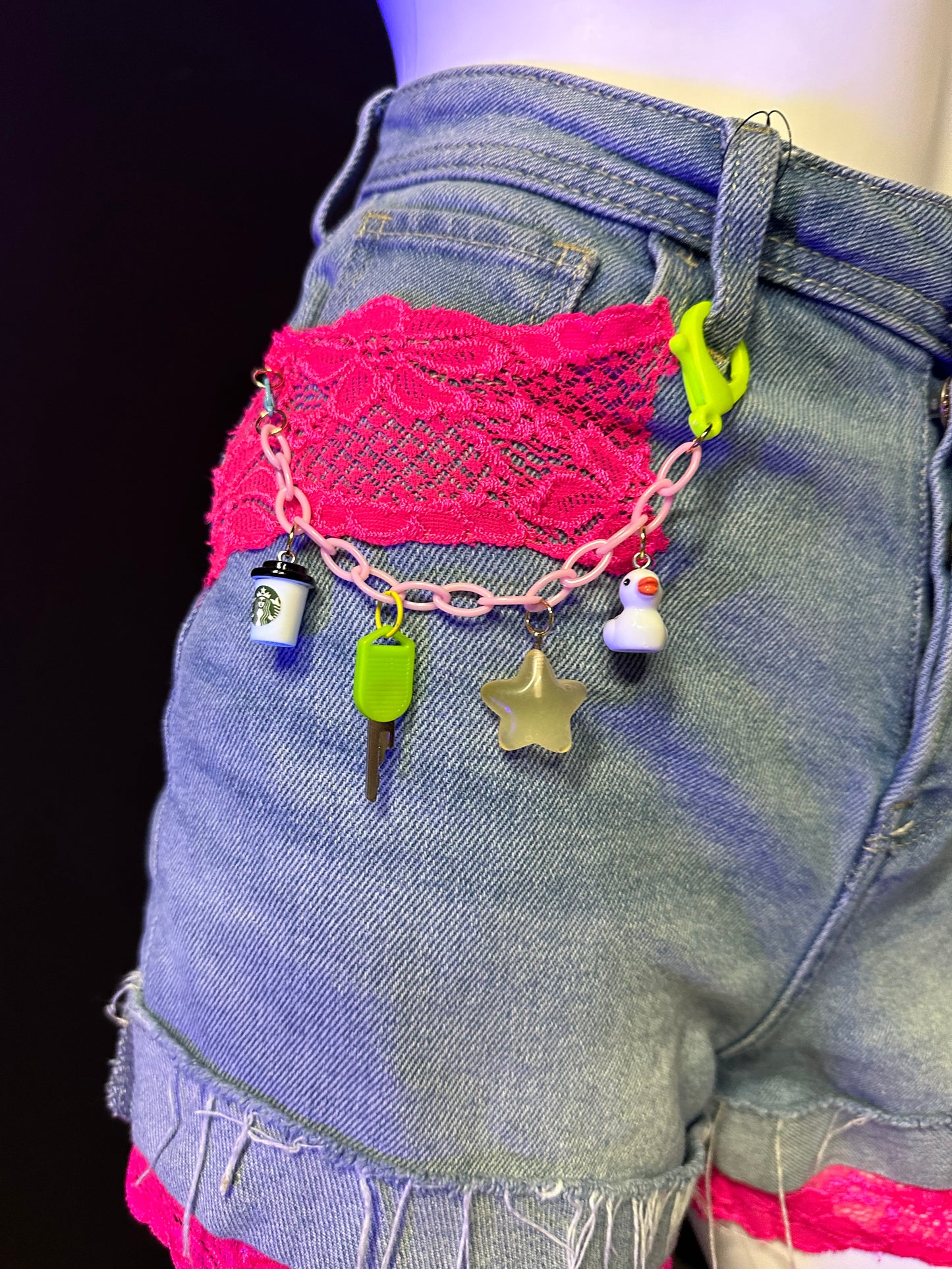 Neon Pink Lace Charm Chain Denim Shorts