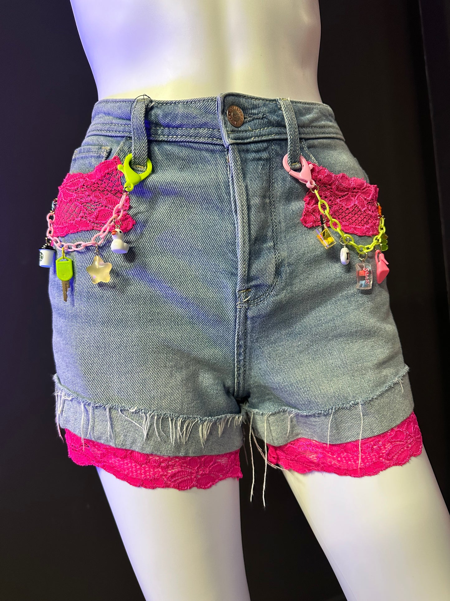 Neon Pink Lace Charm Chain Denim Shorts