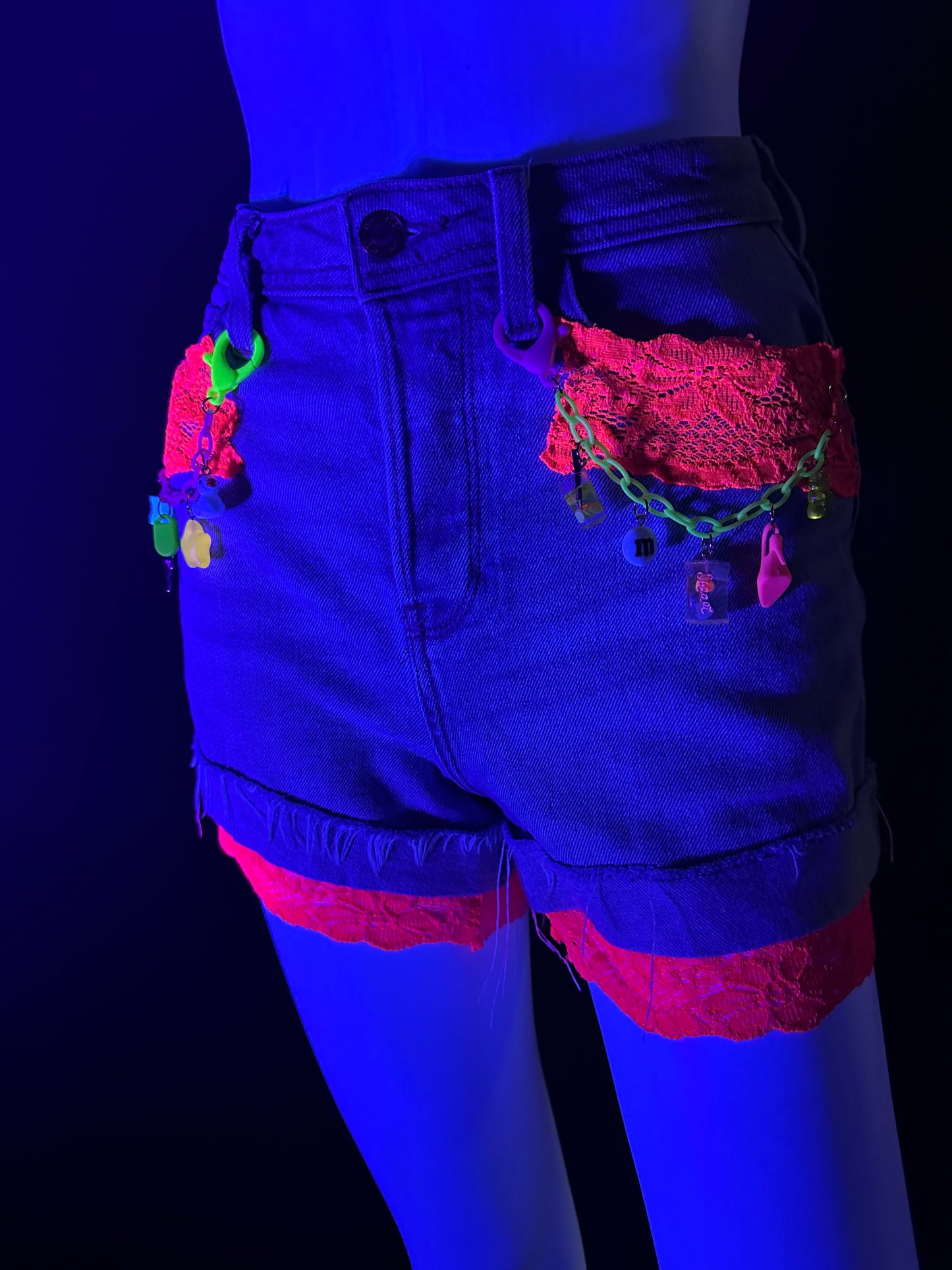 Neon Pink Lace Charm Chain Denim Shorts