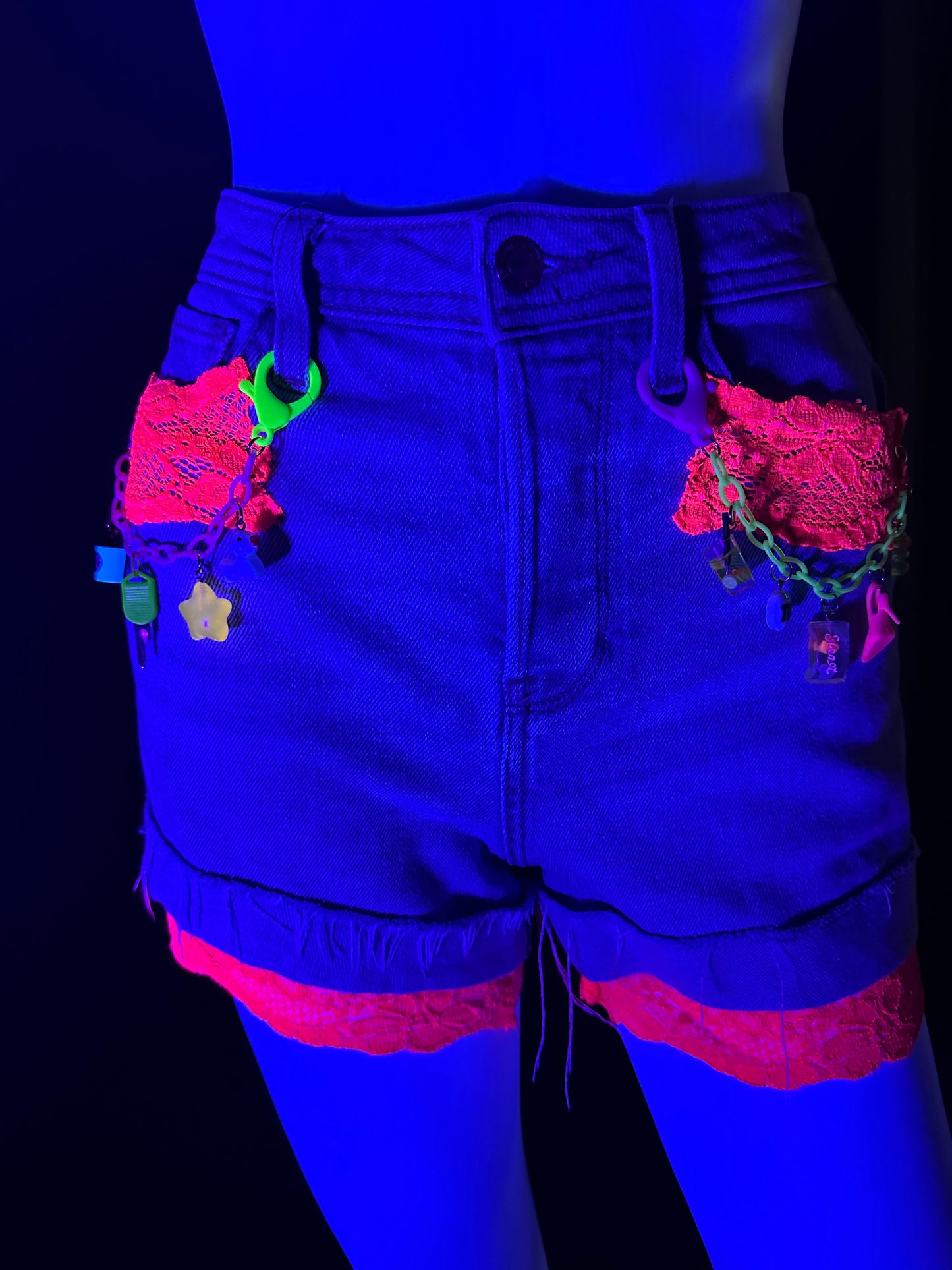 Neon Pink Lace Charm Chain Denim Shorts